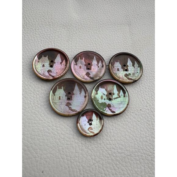 Vintage Other - Antique Mother Of Pearl Abalone Etched Buttons Set of 6 Village Scene